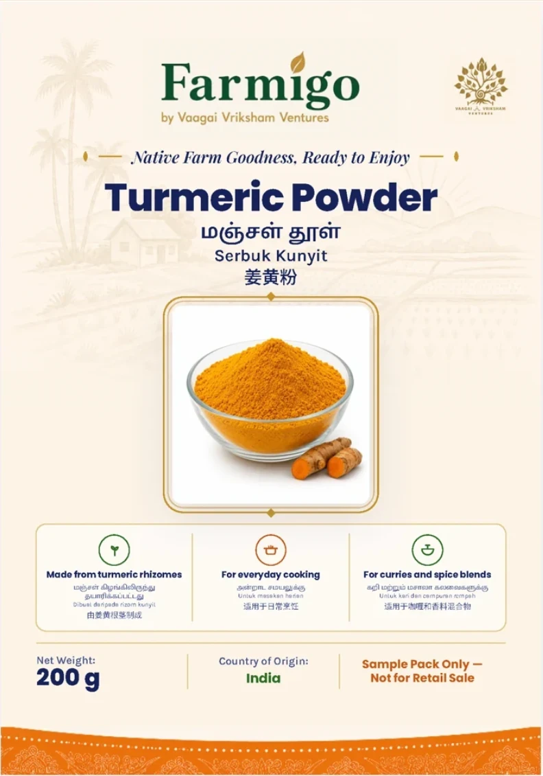 Farmigo Turmeric Powder retail pack front — product name in English, Tamil, Malay and Chinese, 200g