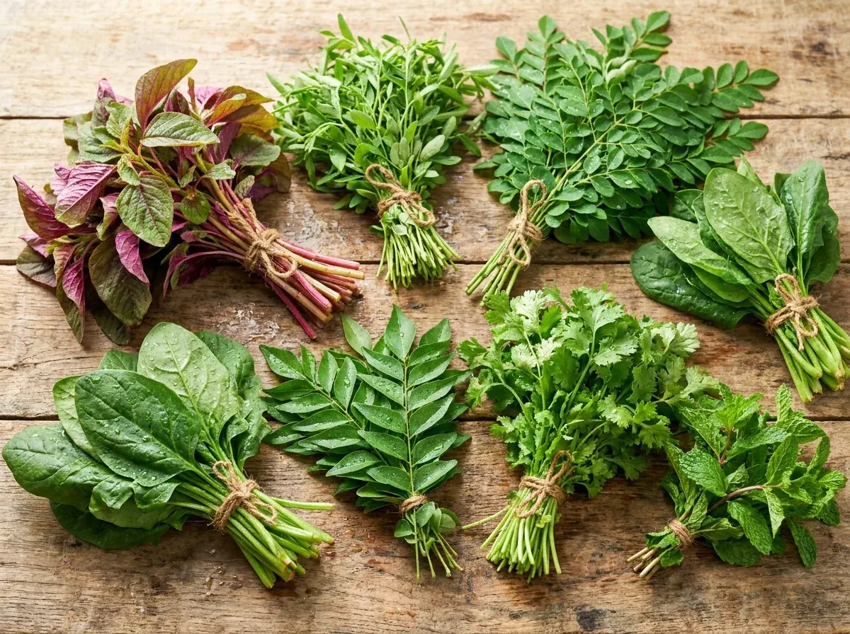 South Indian keerai and greens — amaranthus, curry leaves, coriander, mint